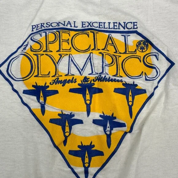 Vintage 1980s Special Olympics T Shirt Large Screen Stars USA Blue Yellow Angels - Picture 6 of 11